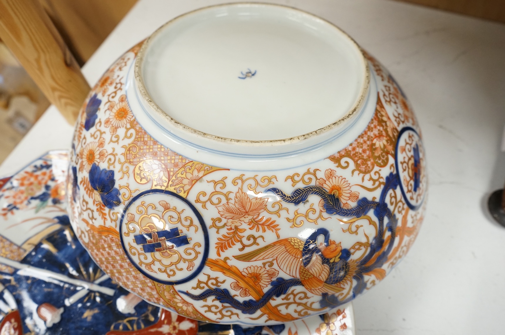 An oval Imari dish moulded with fans and a large Koransha Imari bowl, largest 38cm wide (2)